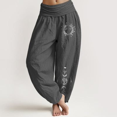 Buddha Stones Sun Moon Stars Pattern Women's Elastic Waist Harem Pure Cotton Pants - DimGray - US22，UK/AU26，EU54 (6XL) - image 0