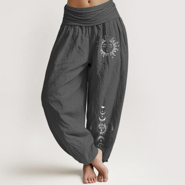 Buddha Stones Sun Moon Stars Pattern Women's Elastic Waist Harem Pure Cotton Pants - DimGray - US22，UK/AU26，EU54 (6XL) - image 0