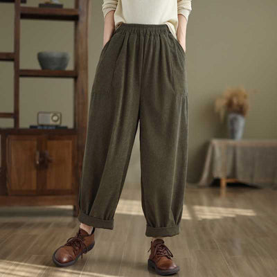 Buddha Stones Winter Solid Color 7-8 Length Simple Design Women's Corduroy Pants With Pockets - DarkOliveGreen - US8-10，UK/AU12-14，EU40-42 (2XL) - image 0
