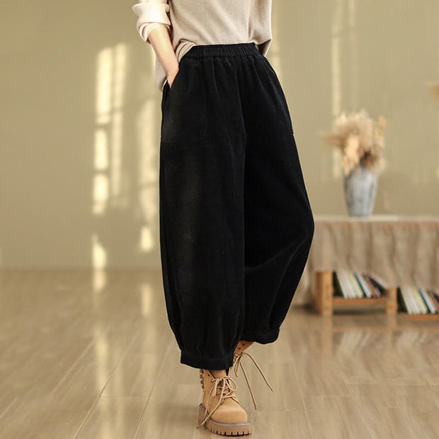 Buddha Stones Plain Elastic Waistband Design Women's Corduroy 7-8 Length Harem Pants With Pockets - image 10
