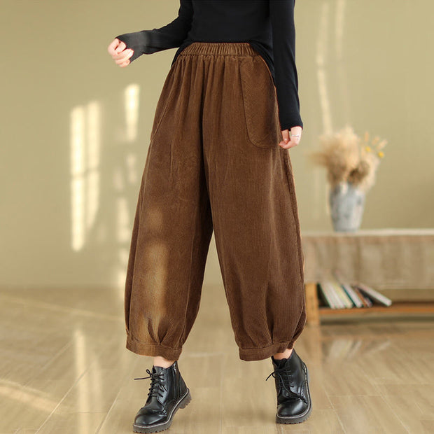 Buddha Stones Plain Elastic Waistband Design Women's Corduroy 7-8 Length Harem Pants With Pockets - image 2