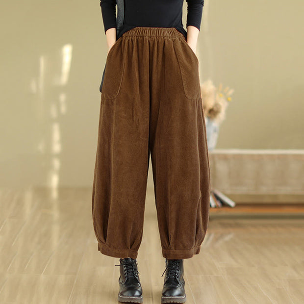 Buddha Stones Plain Elastic Waistband Design Women's Corduroy 7-8 Length Harem Pants With Pockets - image 1