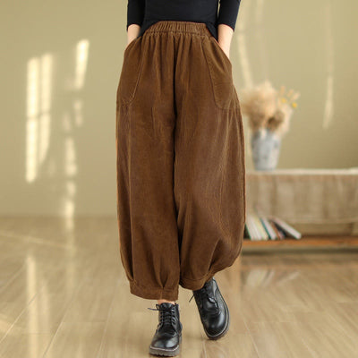 Buddha Stones Plain Elastic Waistband Design Women's Corduroy 7-8 Length Harem Pants With Pockets - SaddleBrown - US8-10，UK/AU12-14，EU40-42 (2XL) - image 0