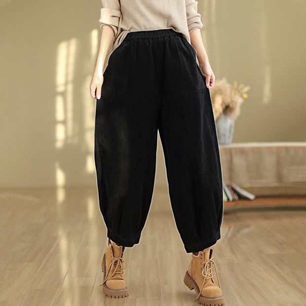 Buddha Stones Plain Elastic Waistband Design Women's Corduroy 7-8 Length Harem Pants With Pockets - image 9