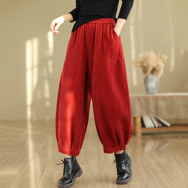 Buddha Stones Plain Elastic Waistband Design Women's Corduroy 7-8 Length Harem Pants With Pockets - image 17
