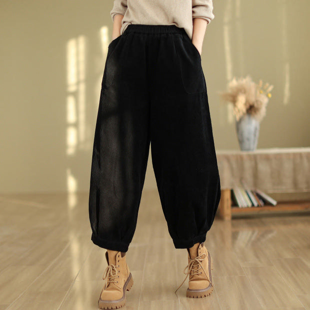 Buddha Stones Plain Elastic Waistband Design Women's Corduroy 7-8 Length Harem Pants With Pockets - Black - US8-10，UK/AU12-14，EU40-42 (2XL) - image 6