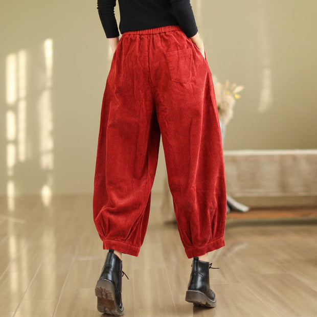 Buddha Stones Plain Elastic Waistband Design Women's Corduroy 7-8 Length Harem Pants With Pockets - image 16
