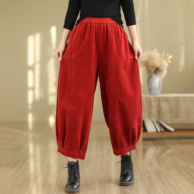 Buddha Stones Plain Elastic Waistband Design Women's Corduroy 7-8 Length Harem Pants With Pockets - image 14