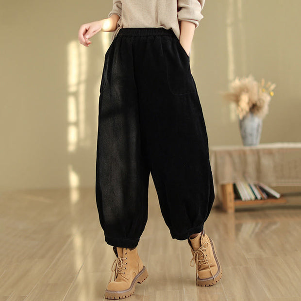 Buddha Stones Plain Elastic Waistband Design Women's Corduroy 7-8 Length Harem Pants With Pockets - image 7
