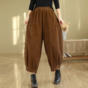 Buddha Stones Plain Elastic Waistband Design Women's Corduroy 7-8 Length Harem Pants With Pockets - image 3