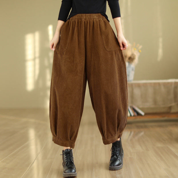 Buddha Stones Plain Elastic Waistband Design Women's Corduroy 7-8 Length Harem Pants With Pockets - image 3