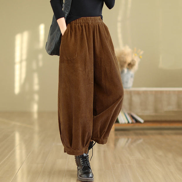 Buddha Stones Plain Elastic Waistband Design Women's Corduroy 7-8 Length Harem Pants With Pockets - image 5
