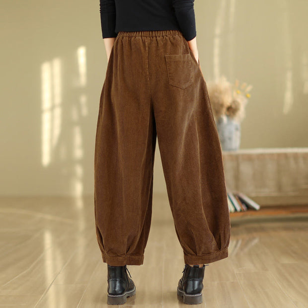 Buddha Stones Plain Elastic Waistband Design Women's Corduroy 7-8 Length Harem Pants With Pockets - image 4