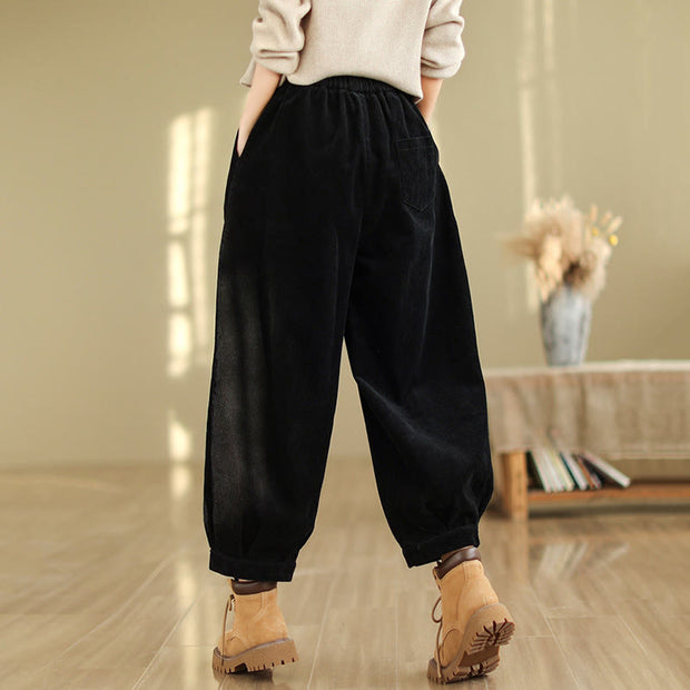 Buddha Stones Plain Elastic Waistband Design Women's Corduroy 7-8 Length Harem Pants With Pockets - image 11
