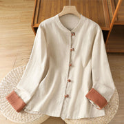 Buddha Stones Color Contrast Design Chinese Frog-Button Long Sleeve Women's Linen Shirt - Linen - US12，UK/AU16，EU44 (2XL) - image 7