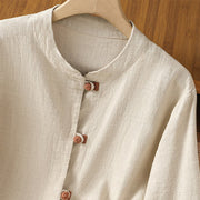 Buddha Stones Color Contrast Design Chinese Frog-Button Long Sleeve Women's Linen Shirt - image 9