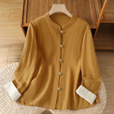 Buddha Stones Color Contrast Design Chinese Frog-Button Long Sleeve Women's Linen Shirt - Goldenrod - US12，UK/AU16，EU44 (2XL) - image 0