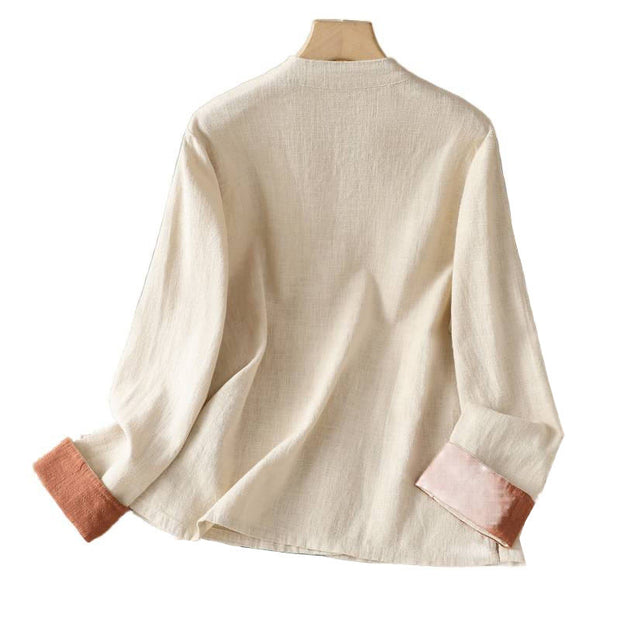 Buddha Stones Color Contrast Design Chinese Frog-Button Long Sleeve Women's Linen Shirt - image 18