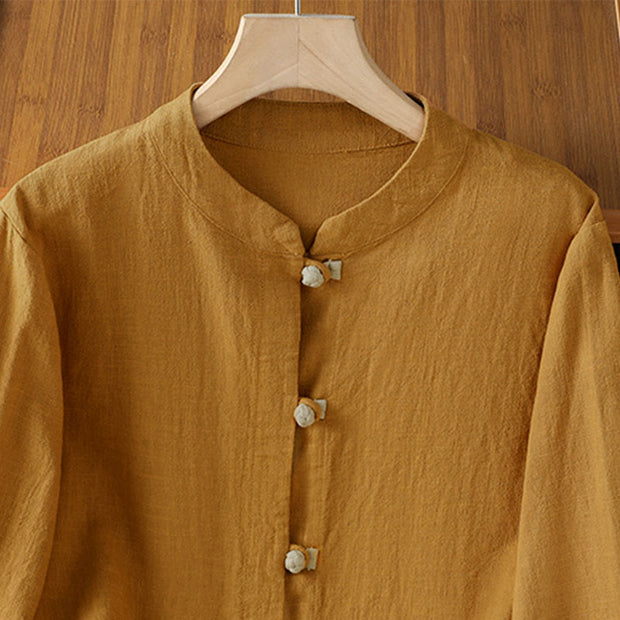 Buddha Stones Color Contrast Design Chinese Frog-Button Long Sleeve Women's Linen Shirt - image 2