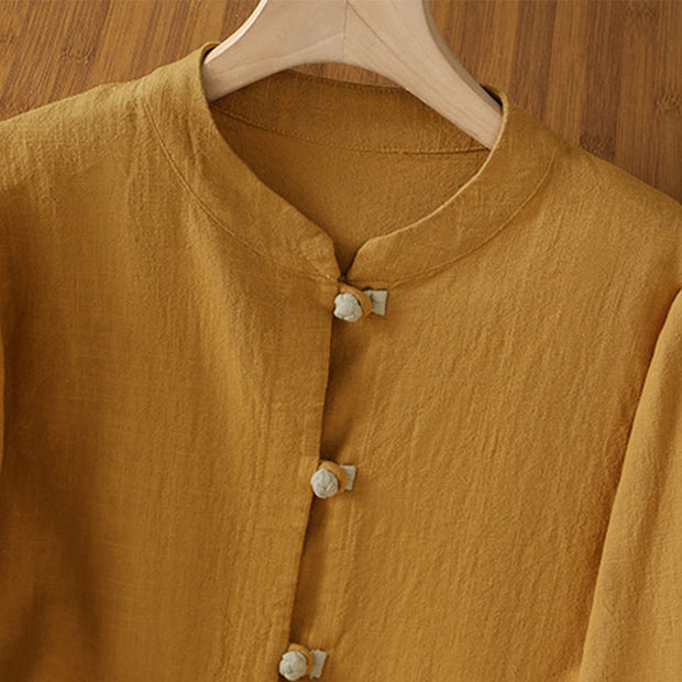 Buddha Stones Color Contrast Design Chinese Frog-Button Long Sleeve Women's Linen Shirt - image 3