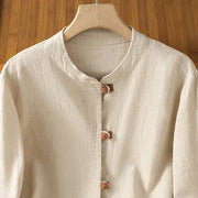 Buddha Stones Color Contrast Design Chinese Frog-Button Long Sleeve Women's Linen Shirt - image 10