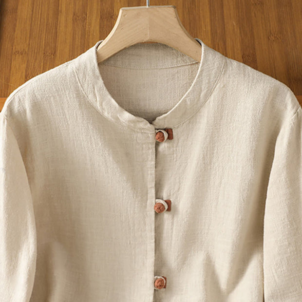 Buddha Stones Color Contrast Design Chinese Frog-Button Long Sleeve Women's Linen Shirt - image 10