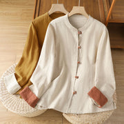 Buddha Stones Color Contrast Design Chinese Frog-Button Long Sleeve Women's Linen Shirt - image 19