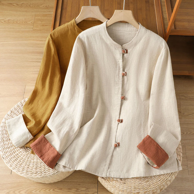 Buddha Stones Color Contrast Design Chinese Frog-Button Long Sleeve Women's Linen Shirt - image 19
