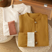 Buddha Stones Color Contrast Design Chinese Frog-Button Long Sleeve Women's Linen Shirt - image 20