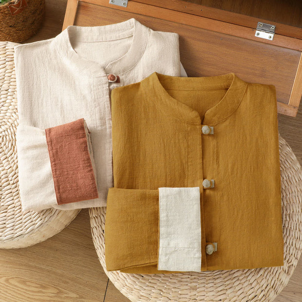 Buddha Stones Color Contrast Design Chinese Frog-Button Long Sleeve Women's Linen Shirt - image 20