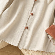 Buddha Stones Color Contrast Design Chinese Frog-Button Long Sleeve Women's Linen Shirt - image 13