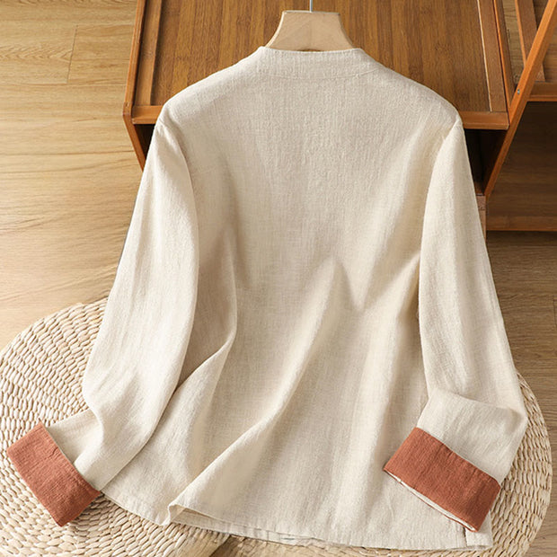 Buddha Stones Color Contrast Design Chinese Frog-Button Long Sleeve Women's Linen Shirt - image 8