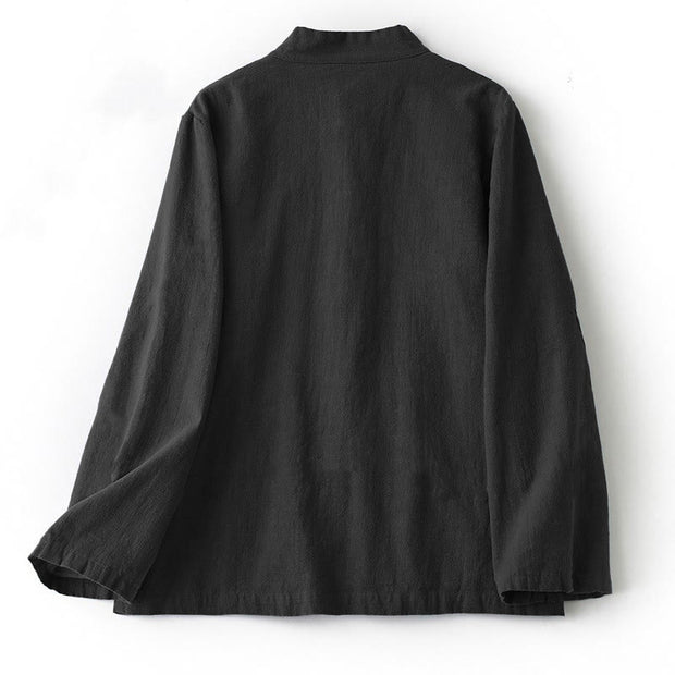 Buddha Stones Ethnic Frog-Button Long Sleeve Stand Collar Women's Cotton Shirt With Pockets - Black - US12，UK/AU16，EU44 (2XL) - image 2