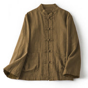 Buddha Stones Ethnic Frog-Button Long Sleeve Stand Collar Women's Cotton Shirt With Pockets - DarkGoldenrod - US12，UK/AU16，EU44 (2XL) - image 0