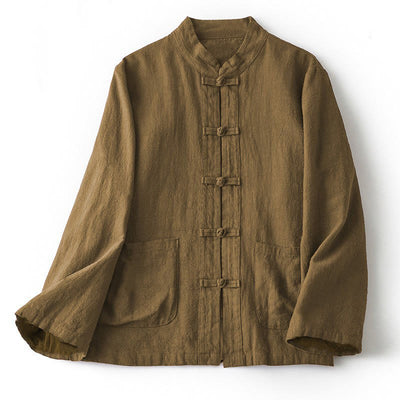Buddha Stones Ethnic Frog-Button Long Sleeve Stand Collar Women's Cotton Shirt With Pockets - DarkGoldenrod - US12，UK/AU16，EU44 (2XL) - image 0