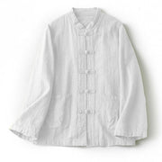 Buddha Stones Ethnic Frog-Button Long Sleeve Stand Collar Women's Cotton Shirt With Pockets - White - US12，UK/AU16，EU44 (2XL) - image 1