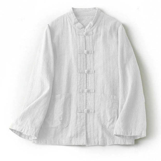 Buddha Stones Ethnic Frog-Button Long Sleeve Stand Collar Women's Cotton Shirt With Pockets - White - US12，UK/AU16，EU44 (2XL) - image 1