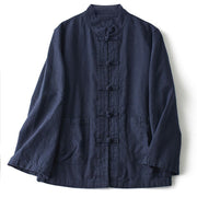 Buddha Stones Ethnic Frog-Button Long Sleeve Stand Collar Women's Cotton Shirt With Pockets - MidnightBlue - US12，UK/AU16，EU44 (2XL) - image 4