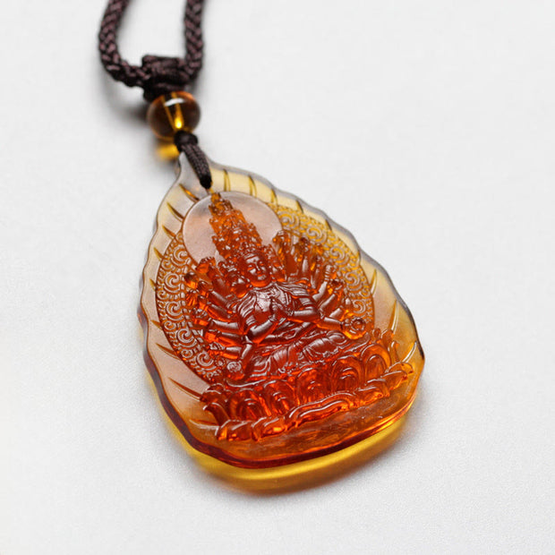 FREE Today: Protection Luck Liuli Crystal Chinese Zodiac Natal Buddha Leaf Shape Necklace Pendant - Rat-Thousand-armed Avalokitesvara - image 0