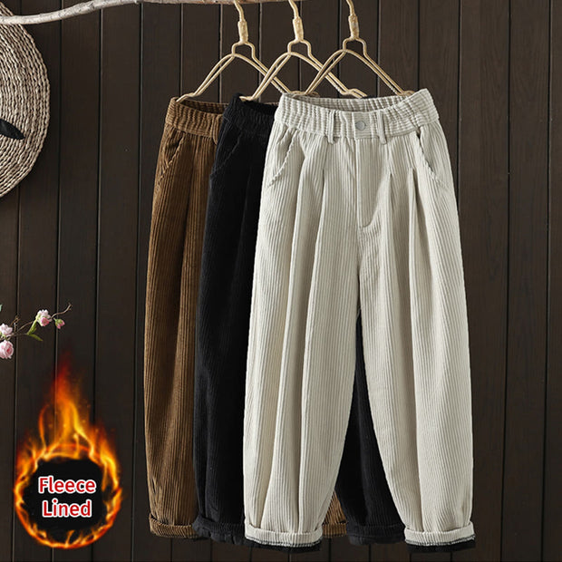 Buddha Stones Women's Winter Plain Corduroy Cotton High Waist Fleece-Lined Harem Pants With Pockets - image 23