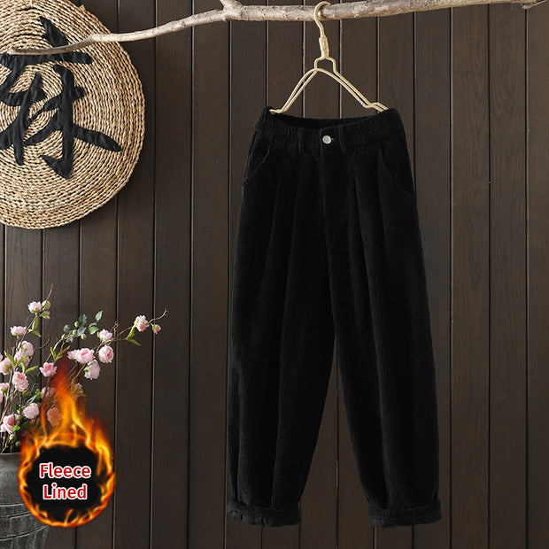 Buddha Stones Women's Winter Plain Corduroy Cotton High Waist Fleece-Lined Harem Pants With Pockets - Black - US8-10，UK/AU12-14，EU40-42 (2XL) - image 11
