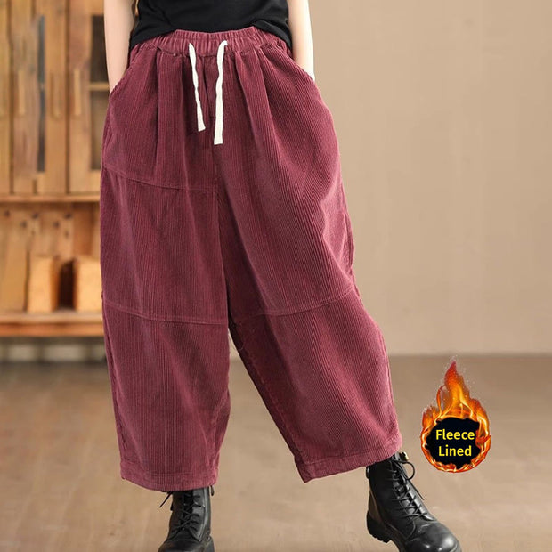 Buddha Stones Women's Drawstring Design Cotton Corduroy Thermal Fleece-Lined Pants With Pockets - IndianRed(Fleece Lined) - US14，UK/AU18，EU46 (4XL) - image 9