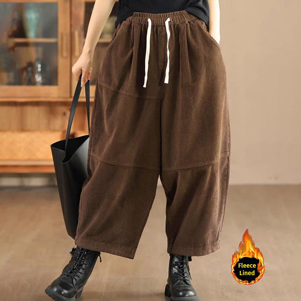 Buddha Stones Women's Drawstring Design Cotton Corduroy Thermal Fleece-Lined Pants With Pockets - SaddleBrown(Fleece Lined) - US14，UK/AU18，EU46 (4XL) - image 0