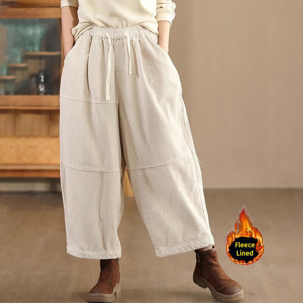 Buddha Stones Women's Drawstring Design Cotton Corduroy Thermal Fleece-Lined Pants With Pockets - Beige(Fleece Lined) - US14，UK/AU18，EU46 (4XL) - image 8