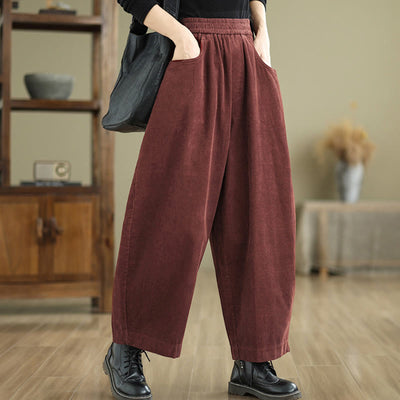 Buddha Stones Women's Pure Color Corduroy Clothing Ankle-Length Pants With Pockets - FireBrick - US8-10，UK/AU12-14，EU40-42 (2XL) - image 0