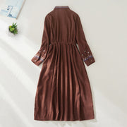 Buddha Stones Embroiderd Floral Pattern Lace -up Design Long Sleeve Midi Dress With Pockets - image 1