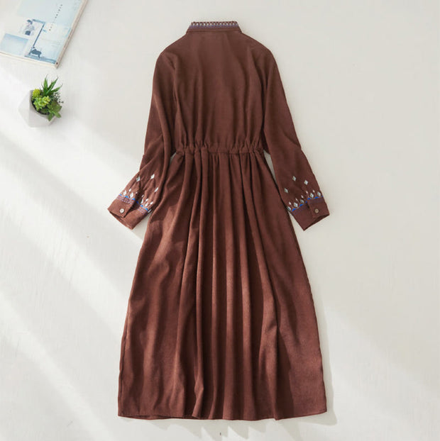 Buddha Stones Embroiderd Floral Pattern Lace -up Design Long Sleeve Midi Dress With Pockets - image 1
