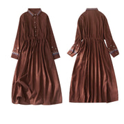 Buddha Stones Embroiderd Floral Pattern Lace -up Design Long Sleeve Midi Dress With Pockets - image 9