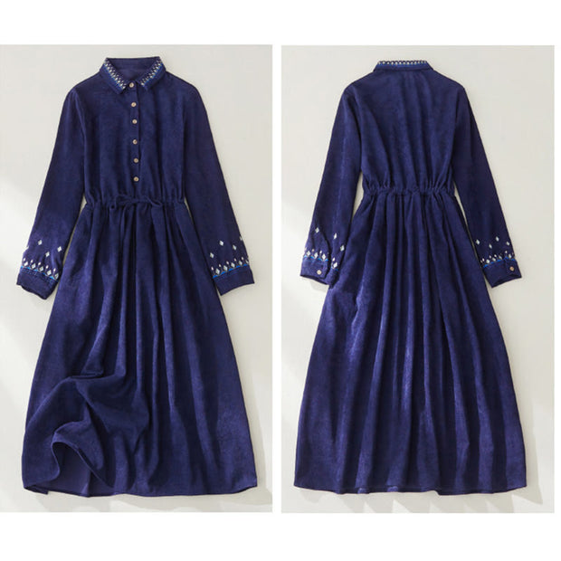 Buddha Stones Embroiderd Floral Pattern Lace -up Design Long Sleeve Midi Dress With Pockets - image 14