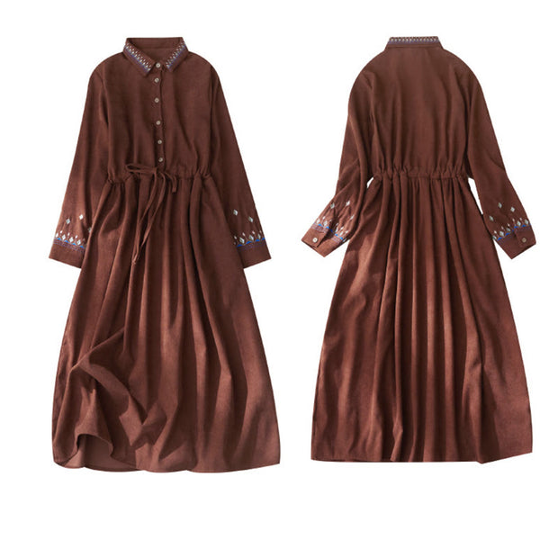 Buddha Stones Embroiderd Floral Pattern Lace -up Design Long Sleeve Midi Dress With Pockets - image 10